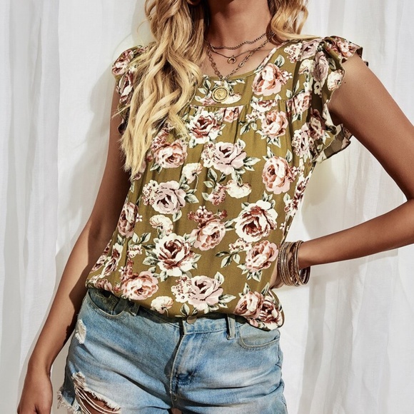 Boho Floral Butterfly Sleeve Ruffle Keyhole Top - Picture 2 of 5